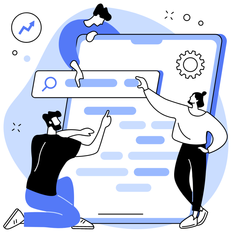 Billedet er en animationstegning der illustrativt viser hvordan Google Ads fungerer i praksis. Det viser hvordan annoncer hos Google vises øverst på siden.